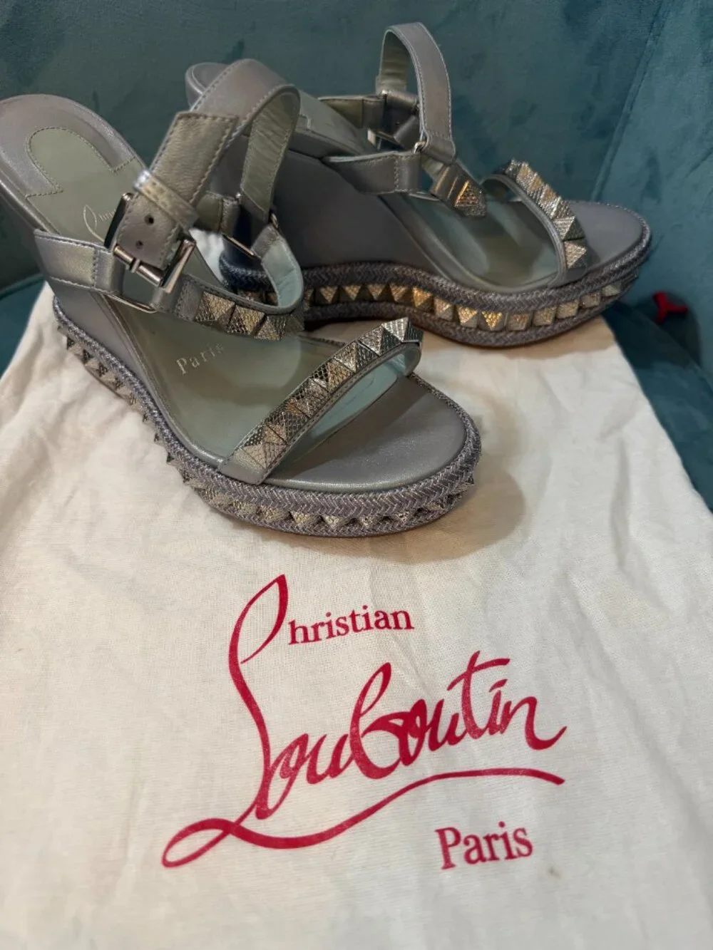 Christian Louboutin Silver Studded Espadrille Wedge Sandals Sz 35